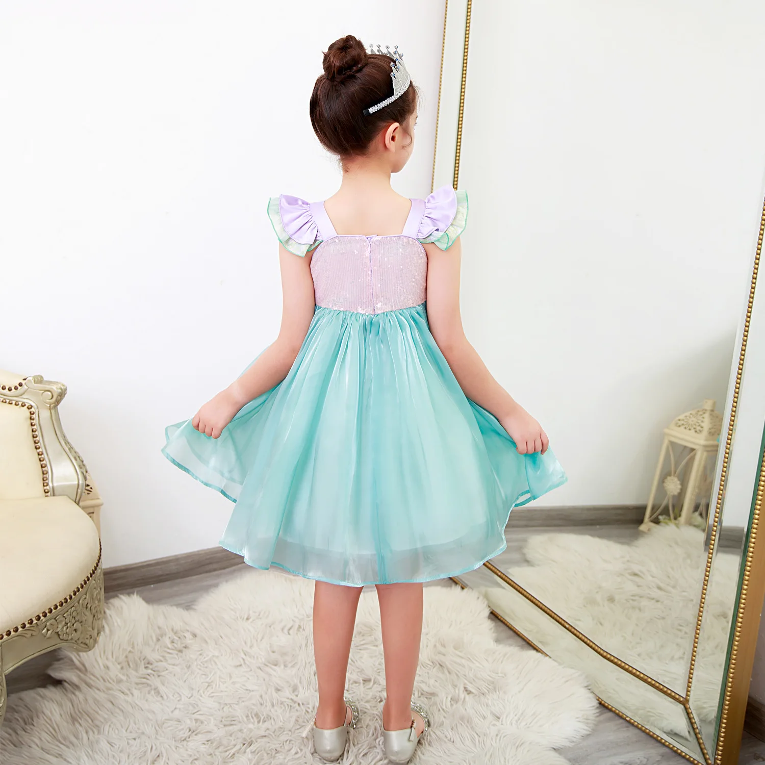 Children\'s Day Girls\' Mesh Sparkling Little Flying Sleeves Princess Dress Christmas School Party Mermaid Cosplay Dress