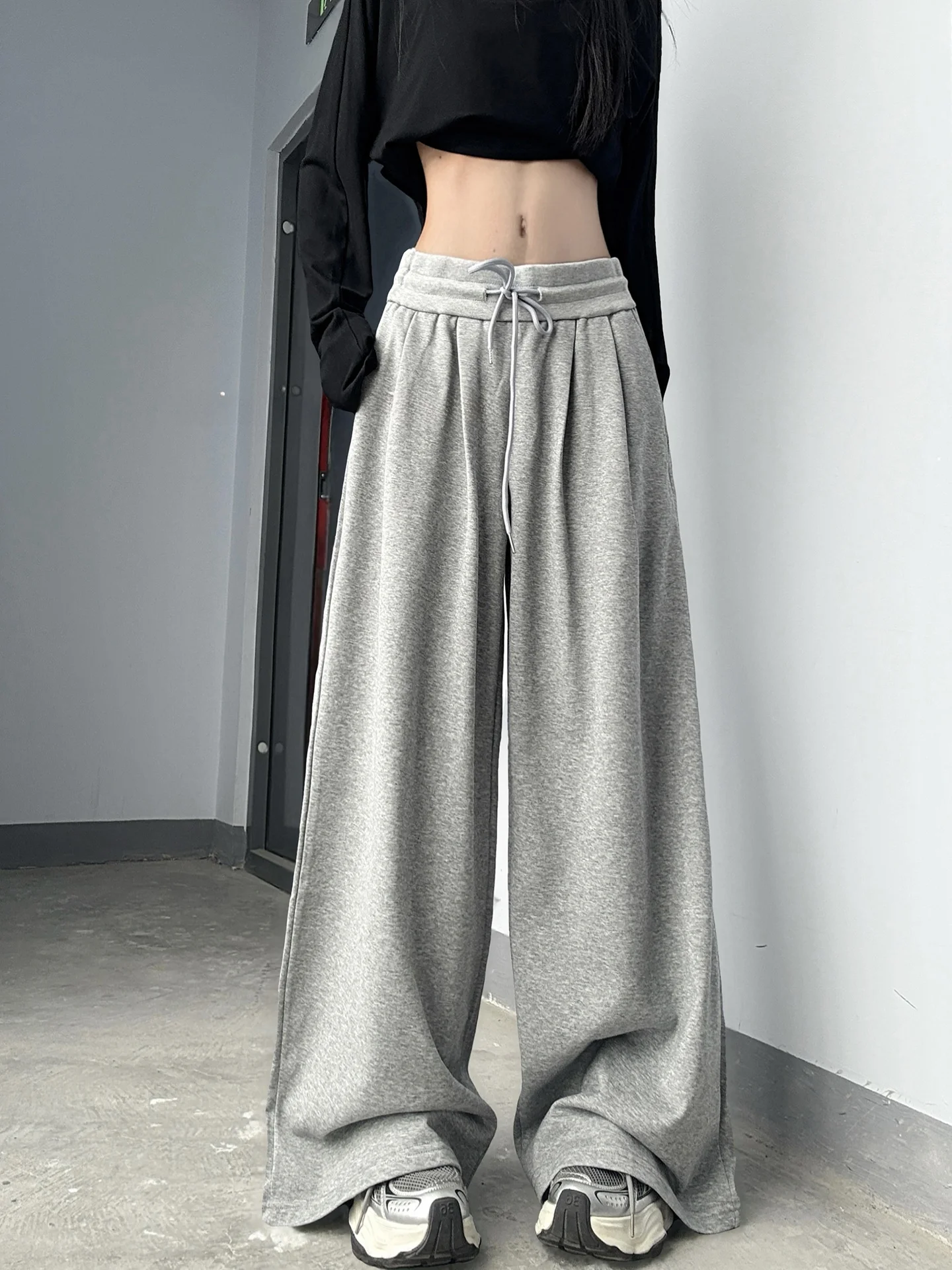 American Style Versatile Wide Thread Sport Sweatpants Women Lazy Drawstring Pleated Low Waist Loose Slimming Floor-Length Wid...