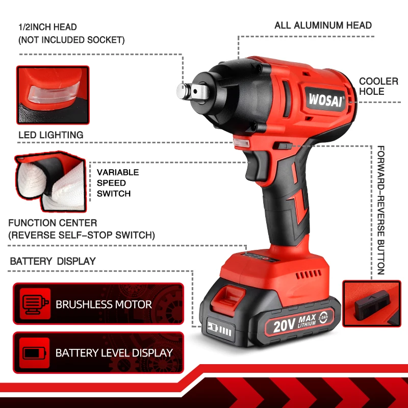 WOSAI 20V Brushless Wrench 600N.m Electric Impact Wrench Li-ion Battery Hand Drill Installation Car Tires Cordless Power Tools