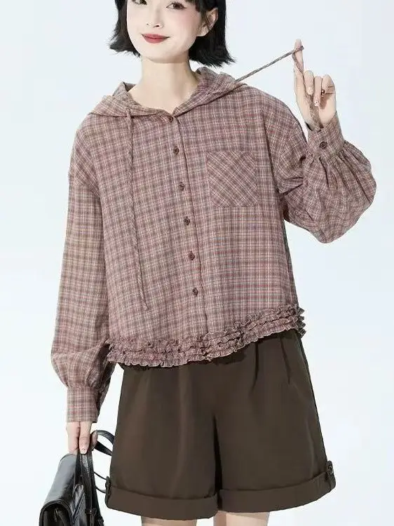 

Retro Sle Orange Plaid Hooded Long Sve Loose irt Double Layer Wooden Bordered Top for Women Autumn Faion Ladies...