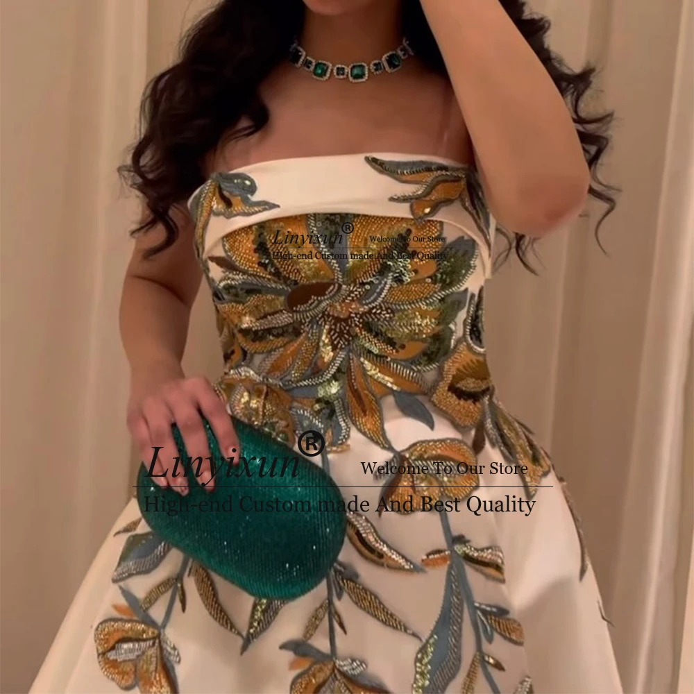 Elegante Kristallen Bloem Avondfeestjurken A-lijn Strapless Diner Galajurk Op maat gemaakte فستان ienгаjne__ecturaрири