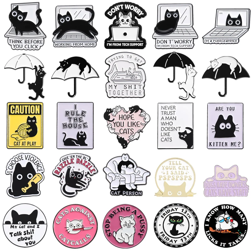 Cute Kitten Collection Enamel Pins Cartoon Black Cat Umbrella Computer Metal Brooch Decorative Backpack Lapel Badge Jewelry