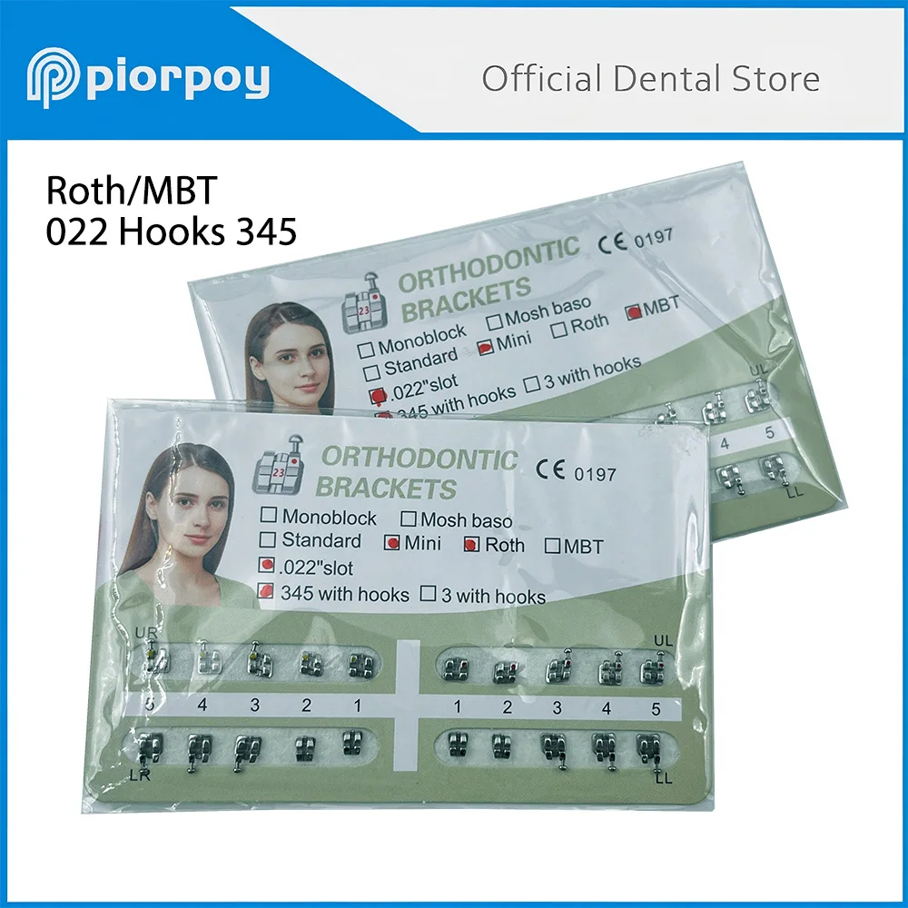 PIORPOY 1 Paquete de Mini Brackets Dentales de Ortodoncia Monoblock Roth/MBT Estándar 0.022 con Ganchos 345, Brackets Metálicos Dentales