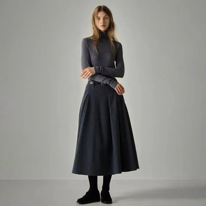 Women\'s Wool Commuter Half-body Skirt Women Th*r0w 23 Autumn and Winter New Niche Slim Medium-length A-line Skirts Pleated Skirt