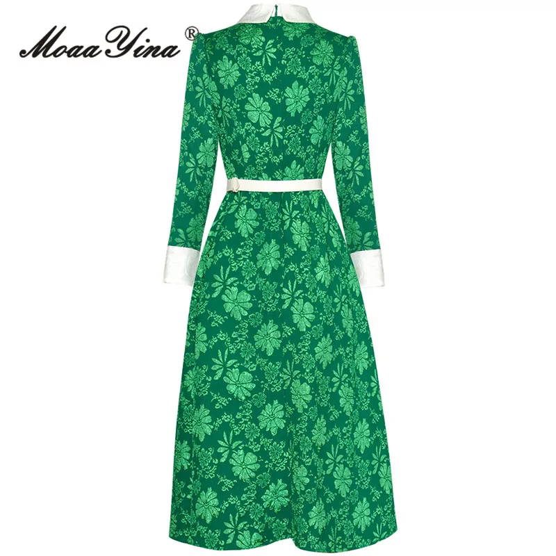 Imagem -02 - Moaayina-vestido Jacquard Vintage para Mulheres Moda Outono Passarela Manga Longa Lapela Broche Faixas Cintura Reunida Fino