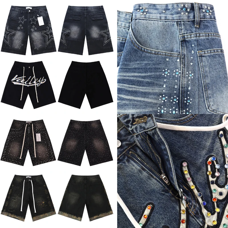 

Hip Hop Do Old Washed Black Vale Ripped Jeans High Quality Rhinestone Denim Shorts Streetwear Casual Shorts