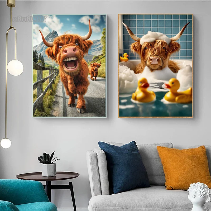 Funny Highland Cow Canvas Posters and Prints HD Highland Cow Pictures Modern Wall Art Canvas Painting for Living Room Home Decor
