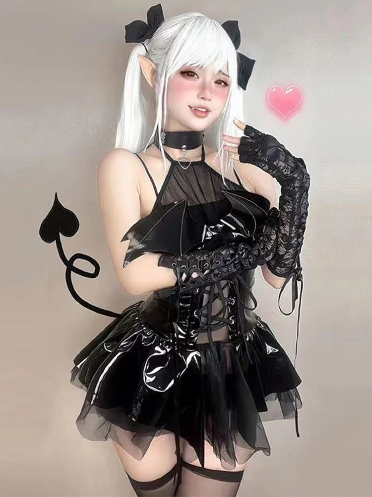  Cosplay Pu Dress Women Harajuku Streetwear Grunge Bandage Hollow Out Bats Dress Punk Y2k E-girl Mall Gothic Clothes