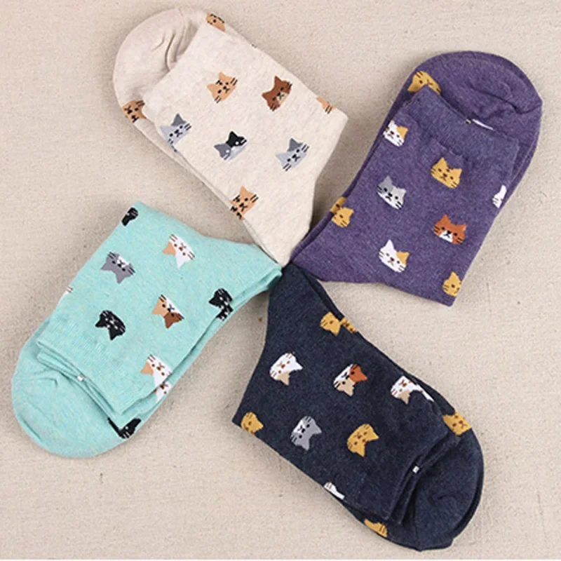 Calcetines largos con estampado de gato multicolor para mujer, medias largas Kawaii, ropa de calle informal Harajuku, de algodón suave, estilo japonés, 1 par