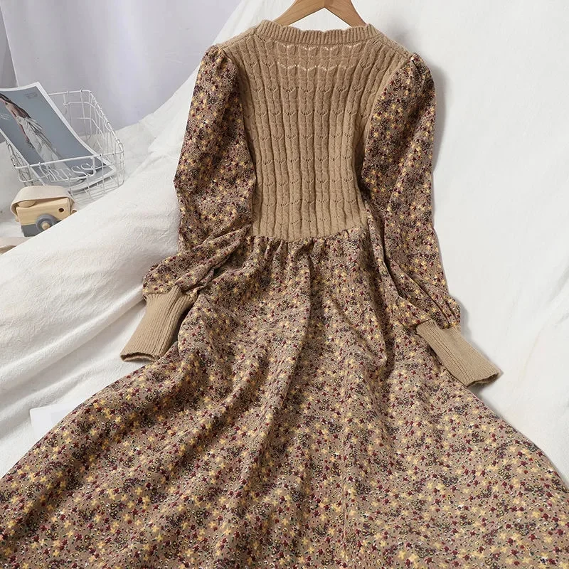 

2023 Autumn Winter New Korean Version of Age-reducing Splicing Strap Slimming Knitted Long Dress Fashion Corduroy Floral Dress