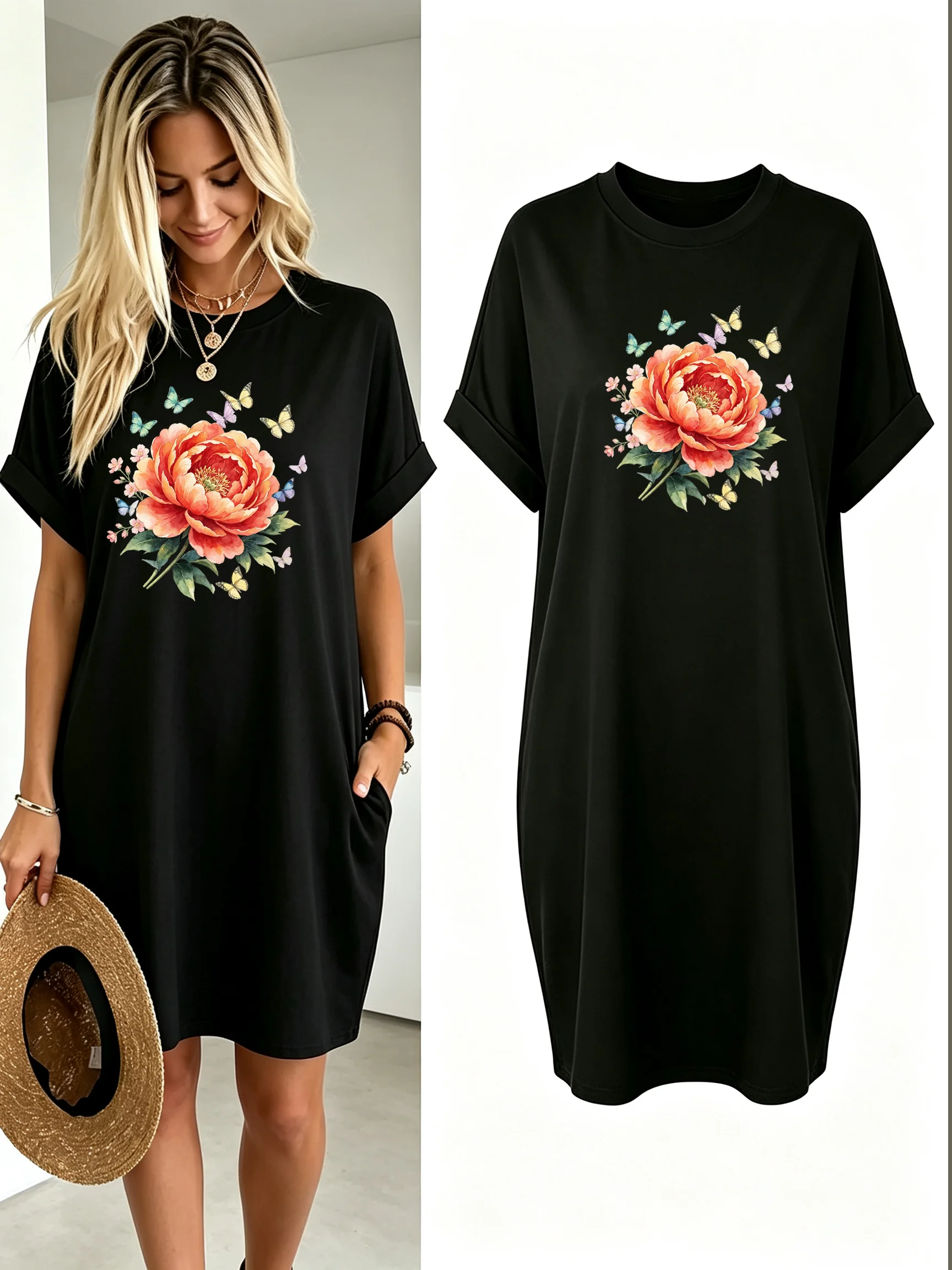 Women Vintage Watercolor Peony Butterfly Graphic T Shirt Dress Crew Neck Rolled Short Sleeve Loose Pocket Casual Black Mini Tee