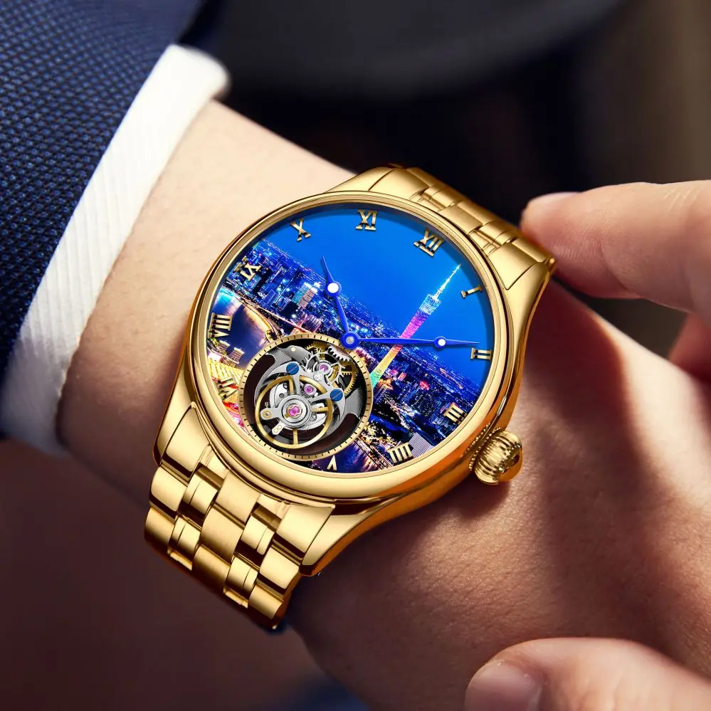 AESOP（automatic7076G）Tourbillon Mechanical Watch Men 42mm Skeleton Dial 30M Waterproof Stainless Steel/Top-Grain Cowhide strap