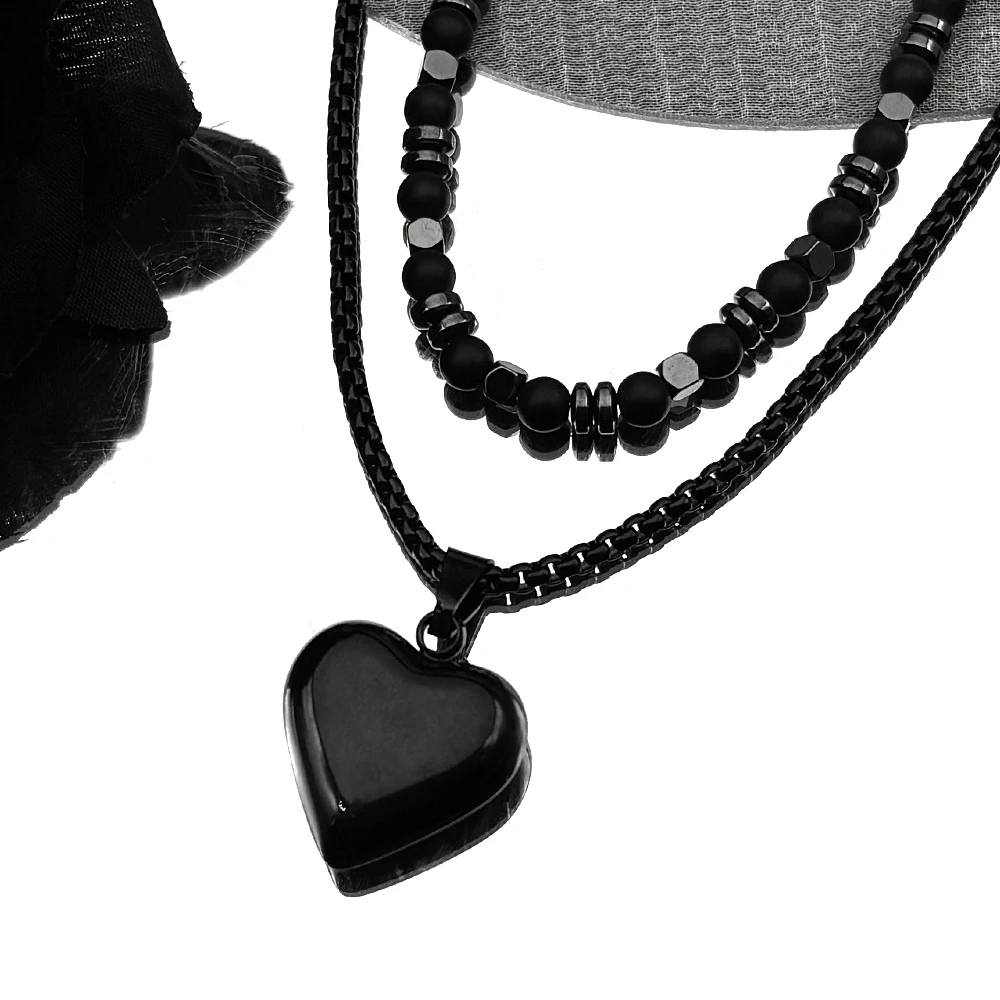 

Double layer Gothic Black Heart Stainless Steel Pendant Necklace for Women Men Hematite Beaded Chain Necklace Valentines Jewelry