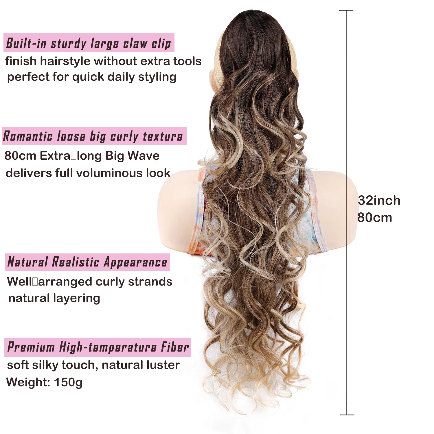 Ponytail 32inch Extra Long Hair Claw Clip On Big Wave Curly Synthetic Ponytails Extension Hairpieces for Women Daily Use