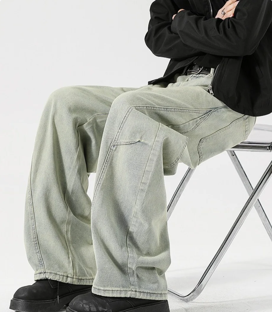 2026 Vintage Scimitar Jeans Men's Washed Fleece Wide Leg Pants Old High Street Sickle Banana Pants Men's Work Trousers