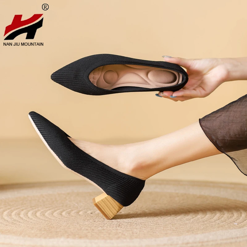 High Heel Women Pointed Toe Single Shoes Solid Color Knitting Weave Shoes Square Heel Latex Insole Spring Autumn Woman