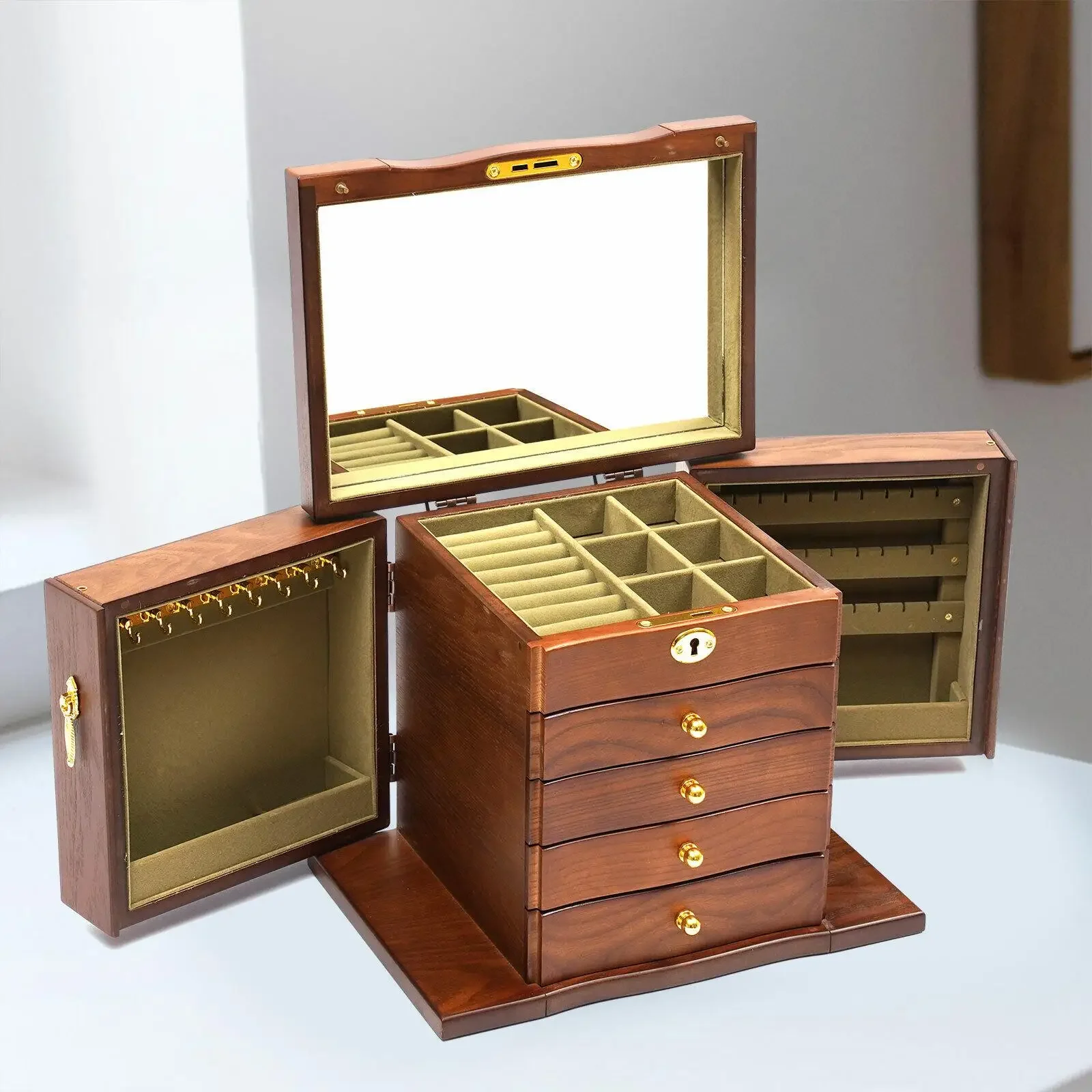 

Wooden 5-Layer Large 4 Drawers Jewelry Box For Wowen with Mirror Organizer Box