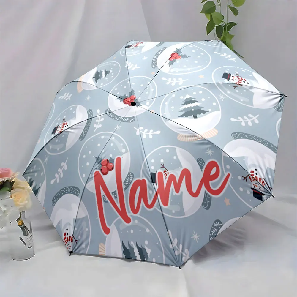 Custom Name Snowman and Snow Globe Pattern Umbrella Design Print 8 Iron Ribs Folding Umbrella Auto-Open Fashion Sunshade