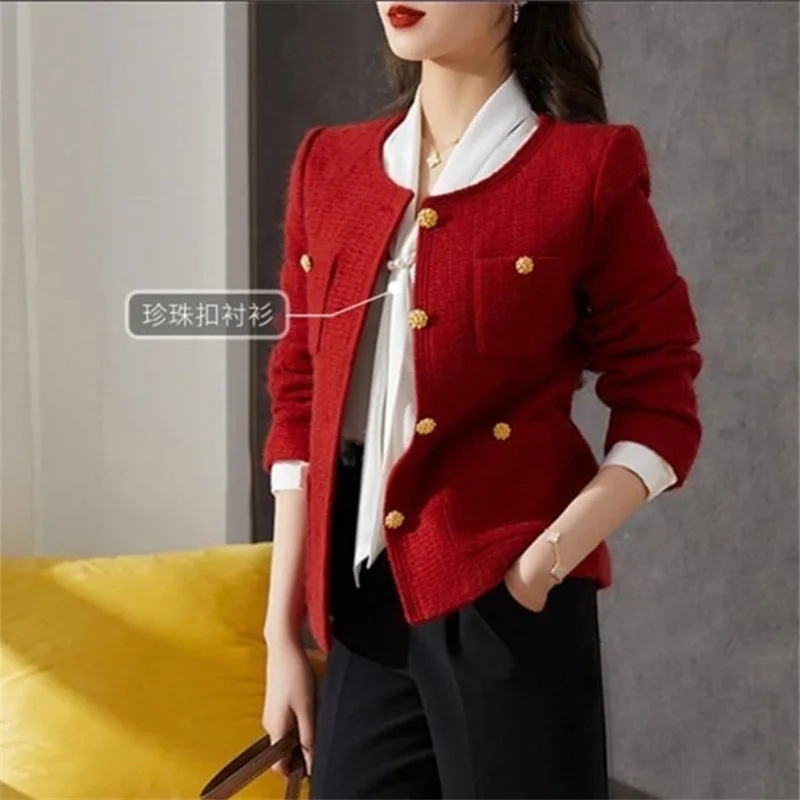 Women Red Tweed Blazers New Autumn Winter O-Neck Single-Breasted Suit Small Fragrance Jacket Female Korean Elegant Lady Coats