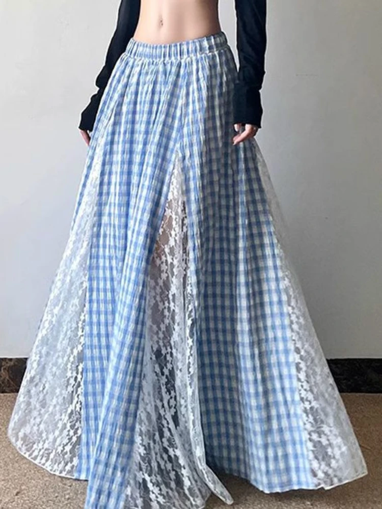 Jupe à carreaux en dentelle pour femmes, élégante, Patchwork, Fairycore, douce, Vintage, longue, Style coréen, rétro, ligne a, à volants