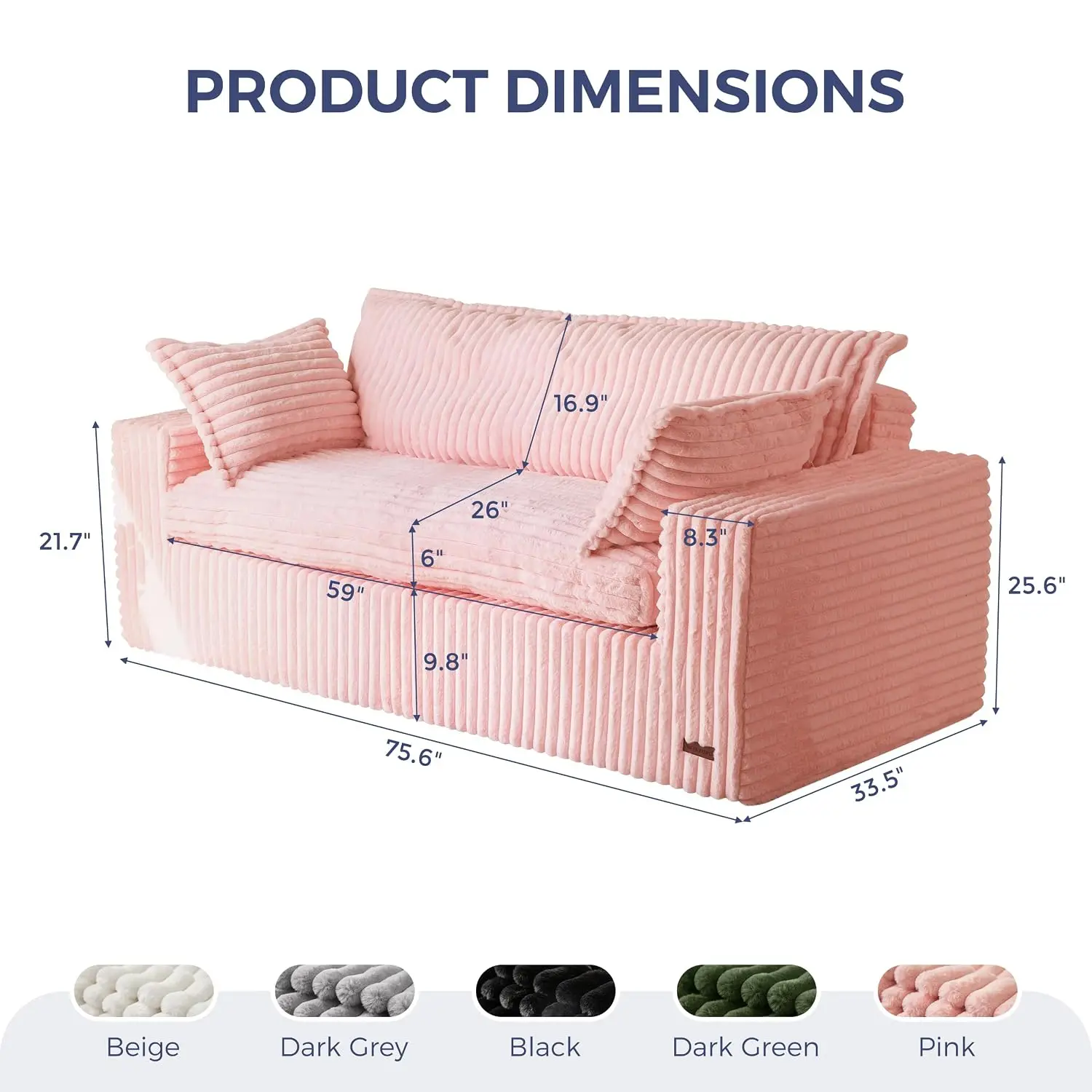 Oversized 3-Seater Sofa, 76 Inch Foam-filled Deep Seat No Assembly for Living Room & Apartment, Pink, Customized