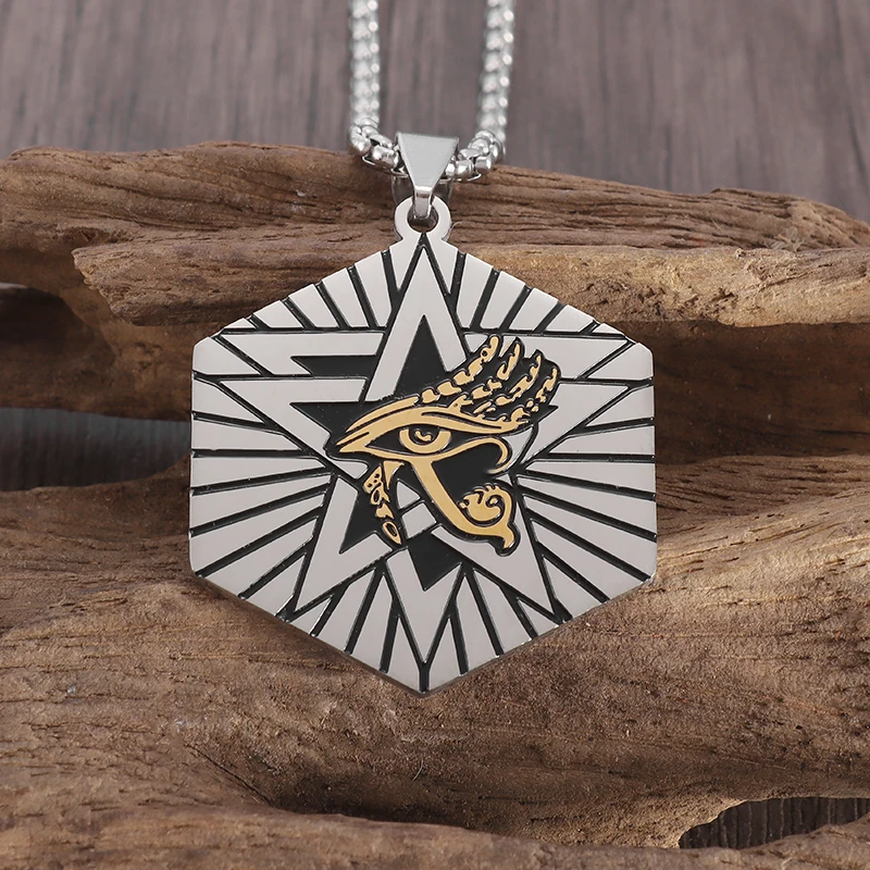 Hexagonal Patronus Eye of Horus Pendant Stainless Steel Necklace Men's Punk Charm Amulet Jewelry