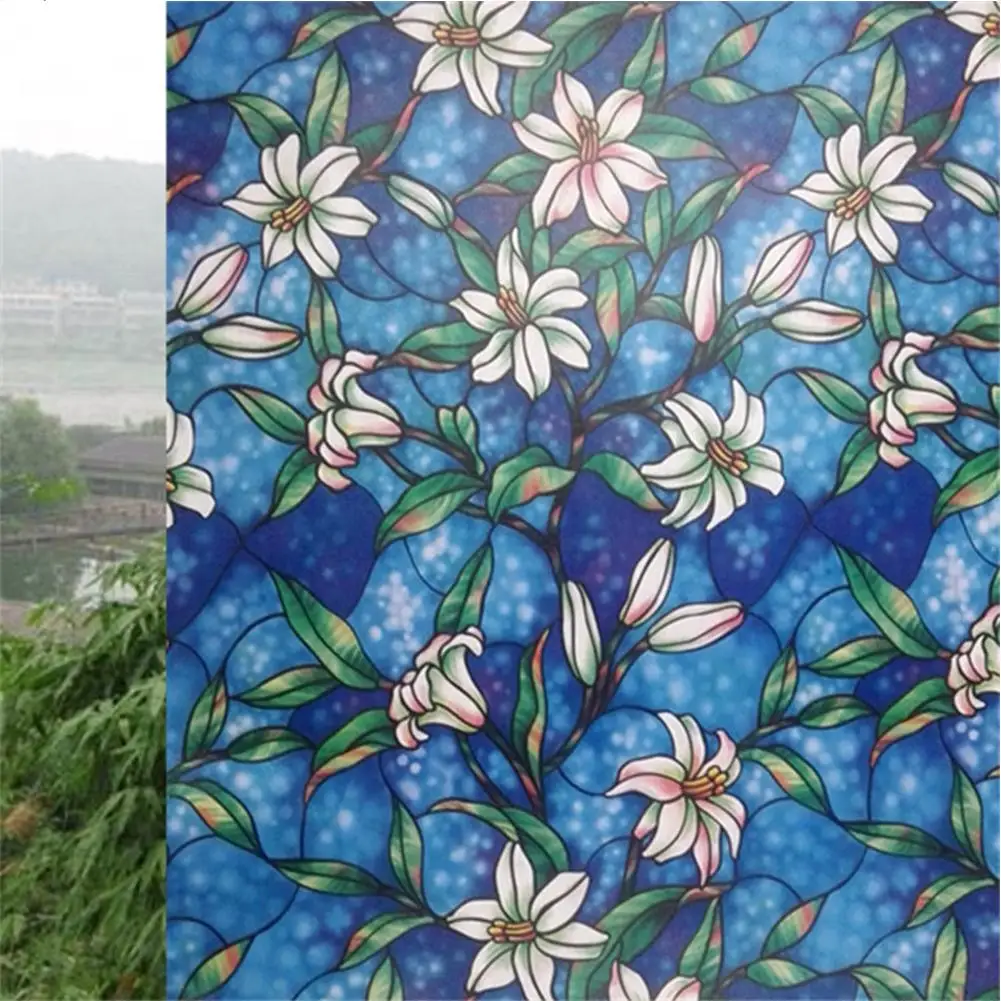 Pvc Painted Orchid Pattern Electrostatic Glass  Film Colorful Printing Glue-free Window Sticker Protection Seamless Window Stick
