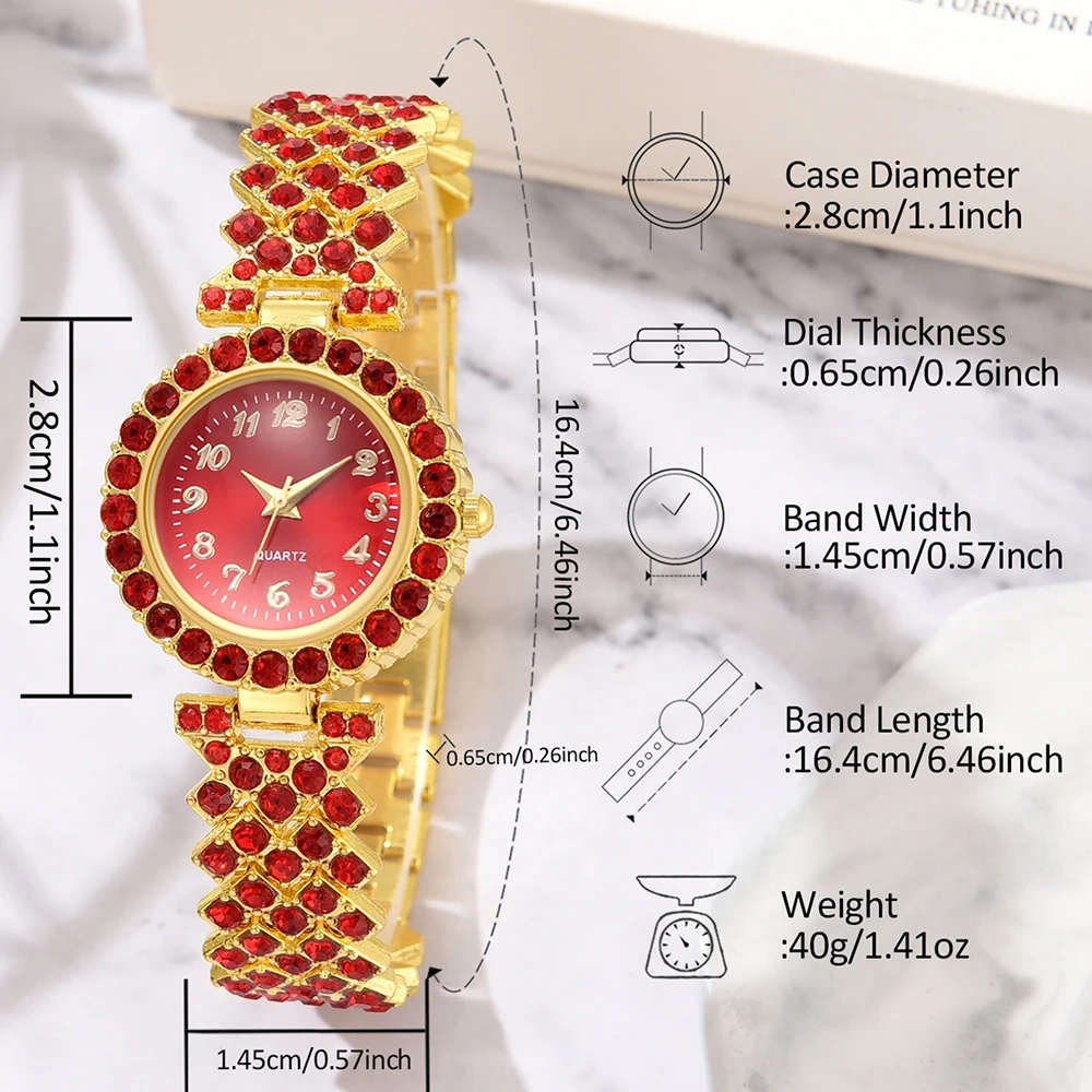 6PCS/Set Women's Red Alloy Watch Strap Fashionable Rhinestone Quartz Watch Necklace Earrings Jewelry Set