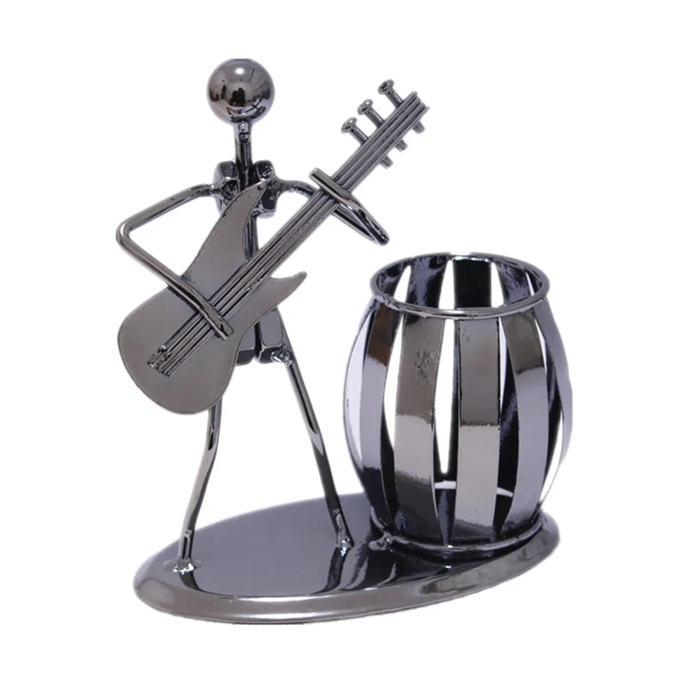 Flute Player Themed Iron Pen Container Desktop Sculpture Decor for Music Lovers Vintage Style Office Desk Accessory Metal Art