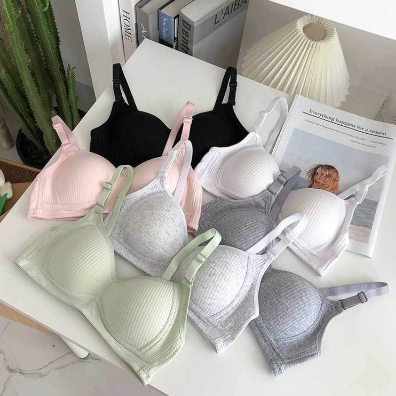 Simple Gather Bras for Women Students Adjustable Breathable Cotton Bra Underwear Pure Color No Steel Ring Developmental Bralette