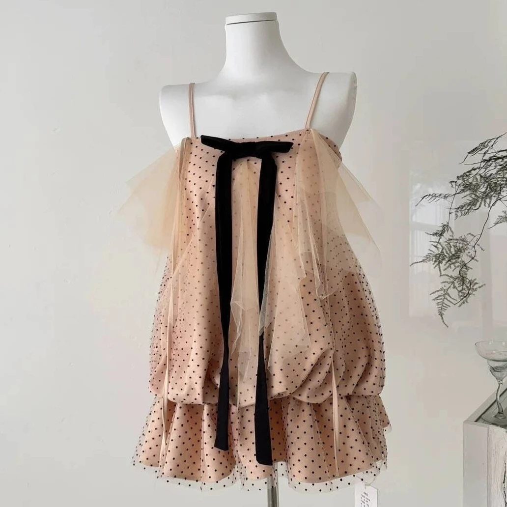 French Style Strap Dress Women Elegant Strap Bow Decorations Layered Ruffle Hem Fashion Cute Mini Dress Y2K Vintage Streetwear view 5