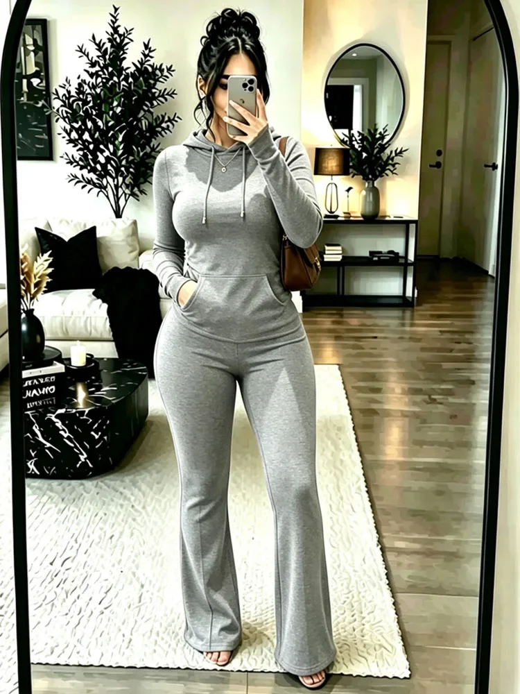 Solid Casual Sweatsuit Set Woman Two Piece Outfit Sporty Workout Long Sleeve Hooded Sweatshirt Top and Pants Ensemble Jogging