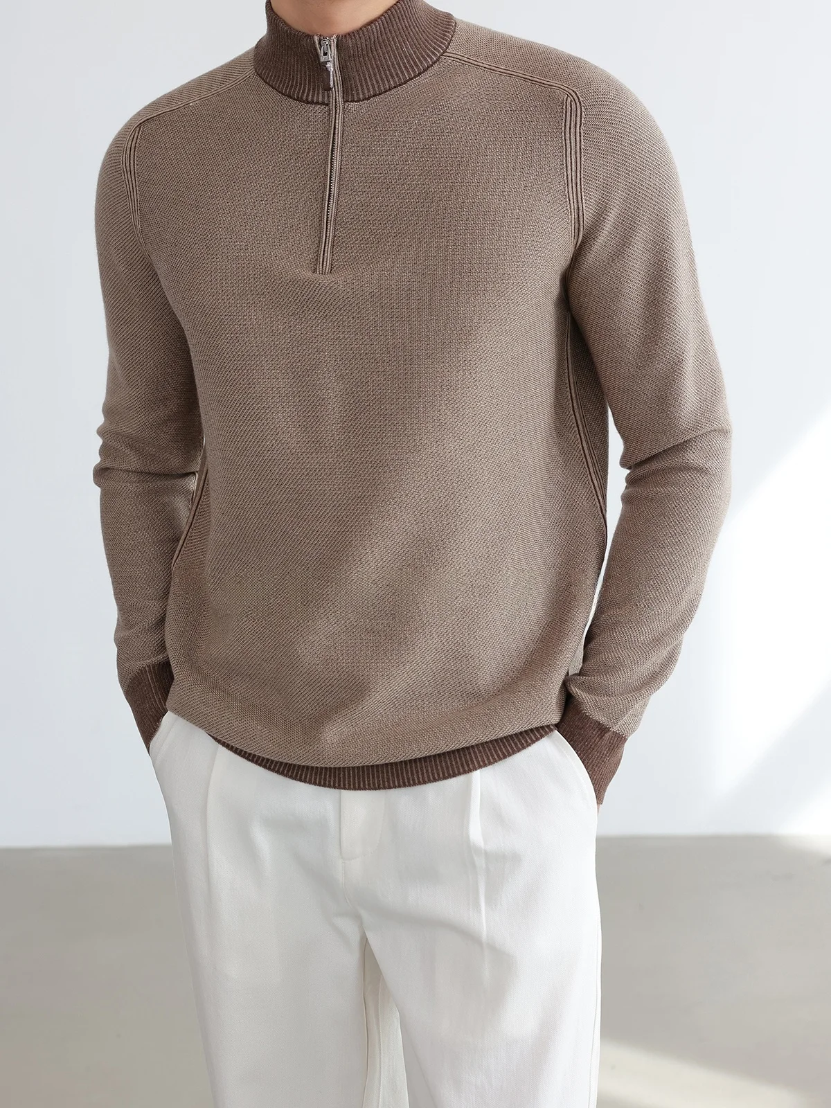 Men's Luxury Casual Knitted Sweater Half Open Collar Float Line Double 60 Autumn Winter Wool Blend Comfortable Elastic Long S...