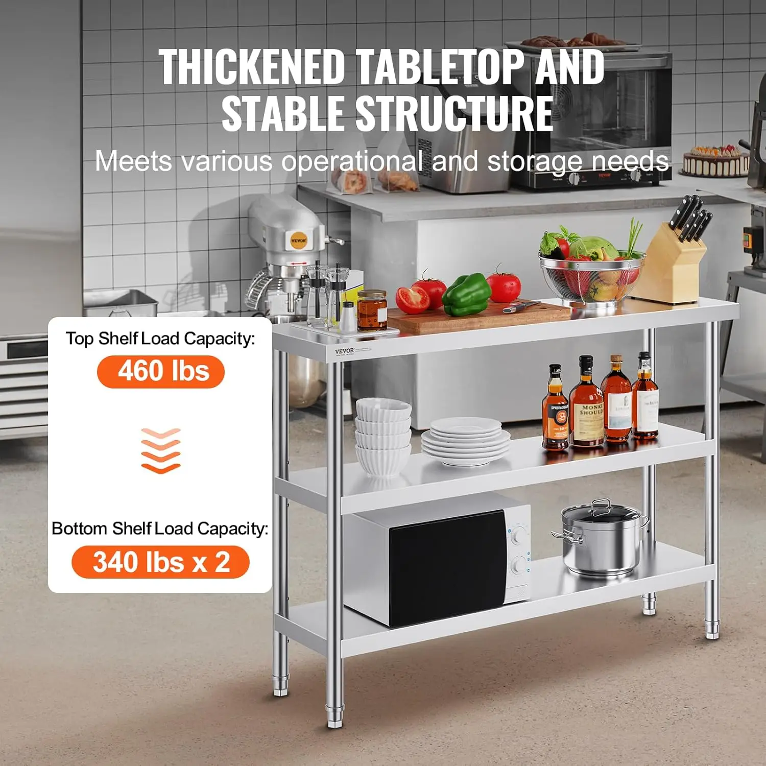 Table de préparation des aliments en acier inoxydable, table de travail de cuisine commerciale 14 x 48 x 34 pouces, avec 2 sous-shelves réglables, préparation robuste