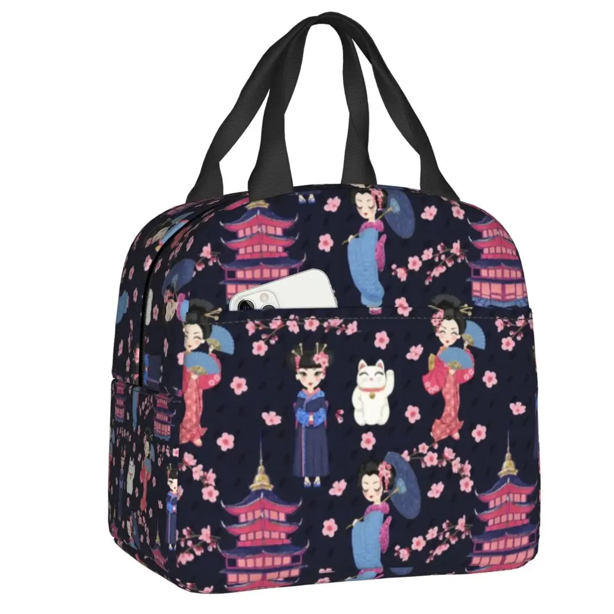 Custom Cute Japanese Kokeshi Dolls Insulated Lunch Bags for Women Sakura Geisha Thermal Cooler Bento Box Kids School Children