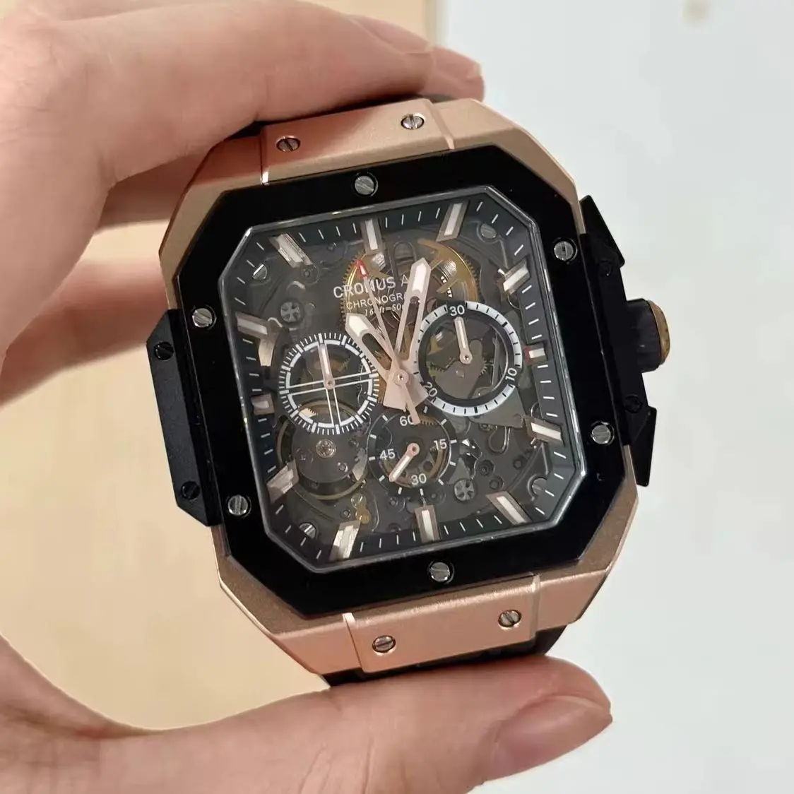 CRONUSART Men Chronograph Watch 45mm Square Automatic Mechanical Wristwatch Carbon Steel Case Sapphire Luminous Skeleton Dial