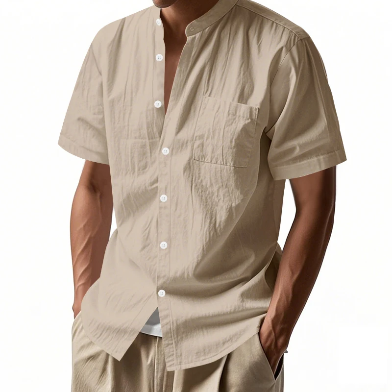 Men's long sleeved shirt linen Button pocket Light and breathable stand-up collar daily beach Hot sale Men's wear