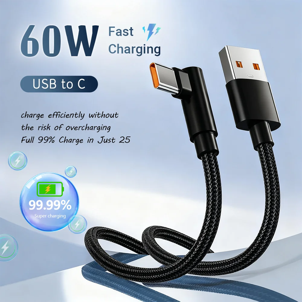 60W USB Type-C 90° Fast Charging Cable Degree Elbow Type-C Fast Charging Cord for Samsung Xiaomi Huawei OnePlus Android Devices