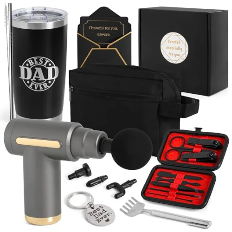 

Подарочный набор для папы класса люкс с массажным пистолетом для глубокого массажа тканей, 7 предметов, включает термокружку 20 унций, косметичку и набор для ухода.