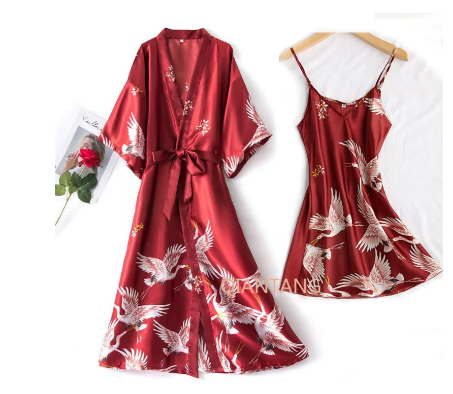 Sexy Nightwear Gown Set Women 2PC Pyjama V-Neck Pajamas Silky Sleepwear Spring Lady Sleep Suit Robe Wear Home Negligee Homewear