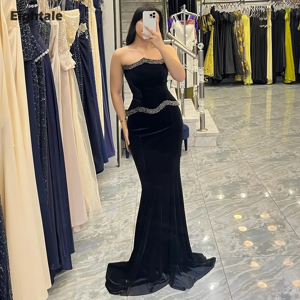 

Eightale Velvet Evening Dress for Wedding Party Customized Scoop Beaded Mermaid Black Arabic Prom Gowns Robes De Soirée
