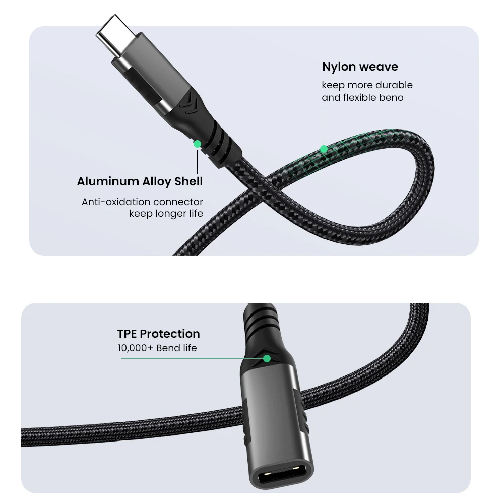 Kabel ekstensi USB C 6,6 kaki USB tipe-c pria ke Wanita kabel USB 3.1 Gen2/10Gbps Data sinkronisasi USB C Extender 100W/5A pengisian cepat