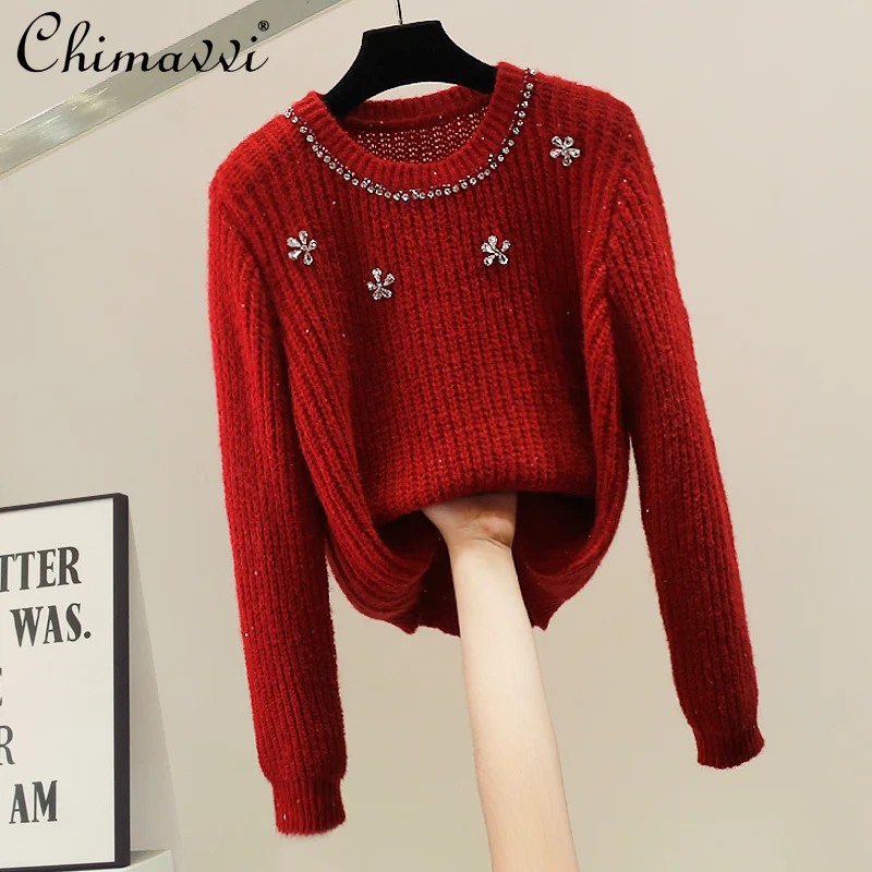 

Корейский модный вязаный свитер с тяжелым бисером и бриллиантами, осенне-зимний новый милый свободный темпераментный пуловер с длинными рукавами, топ