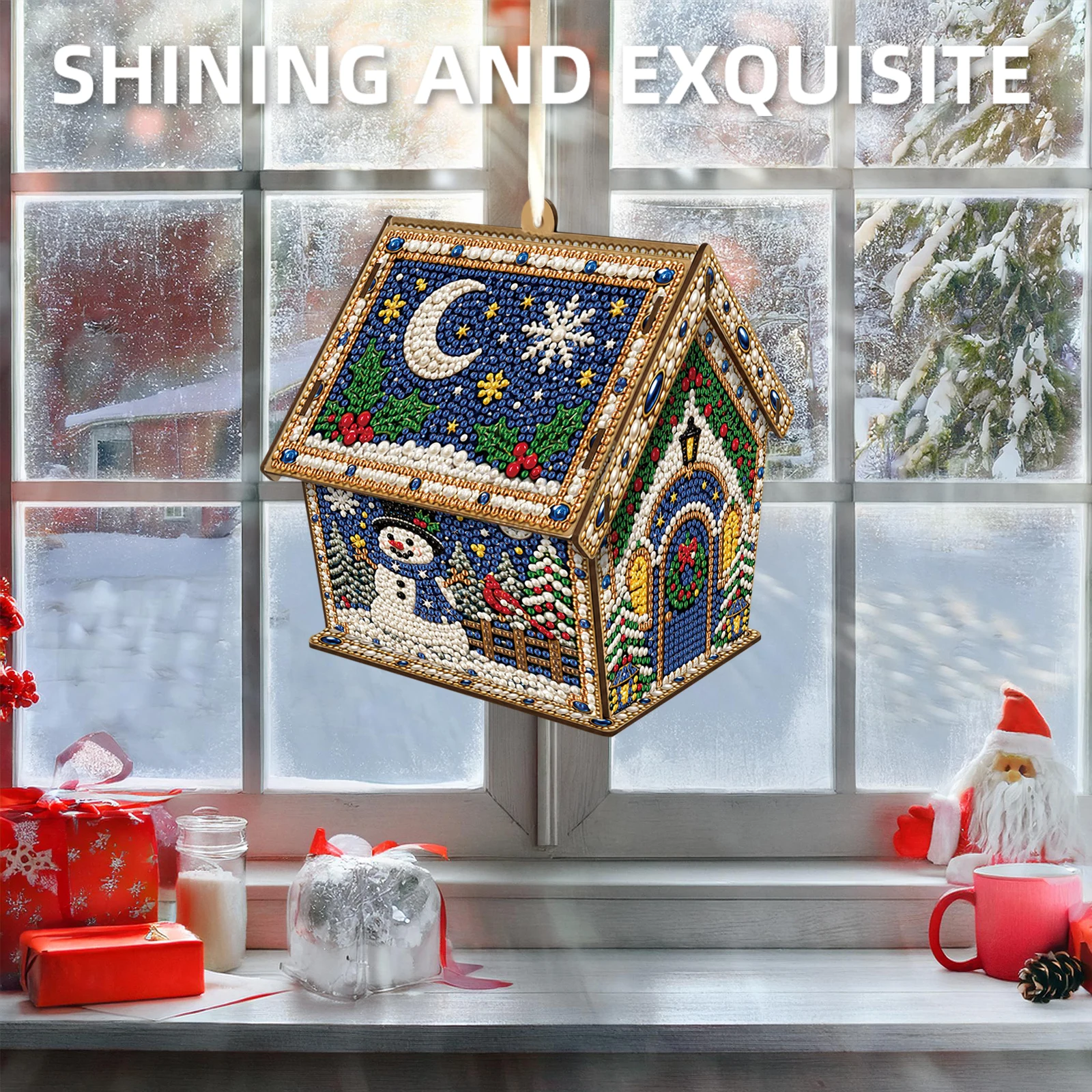 Gem Mosaic Wooden House Kit DIY Christmas Hanging Wall Art Holiday Craft Decor Gift with Resin Gems And Tools Set view 5