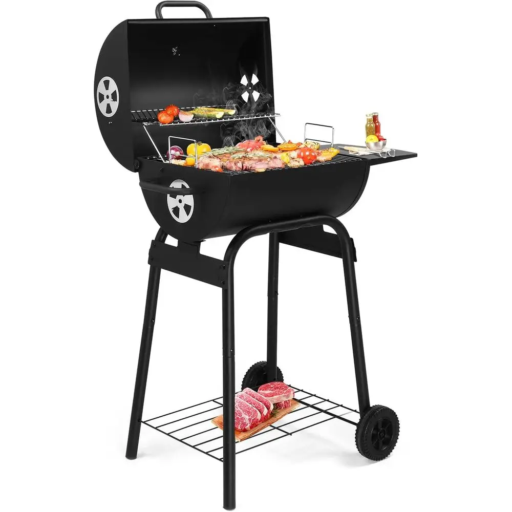 

Barrel Charcoal Grill with Side Table, BBQ Grill Outdoor Smoker Grill with Wheels for Party Garden Patio and Backyard Cooking 33