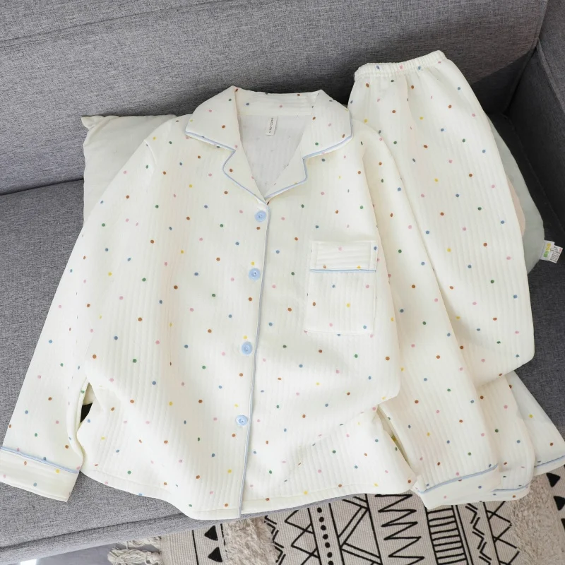 

Winter Polka Dot Print Pajamas Set Kawaii Cartoon New Pajamas Suit Warm Korean Sweet Y2K Plush Homewear Cute Sleepwear