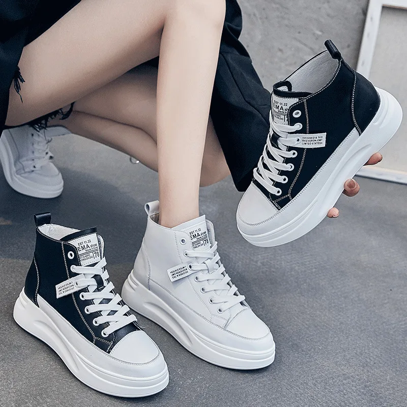 Koznoy Women Shoes High Top Platform Leather White Shoes Female Spring Leather Fashion Sneakers Women Winter Shoes Boots