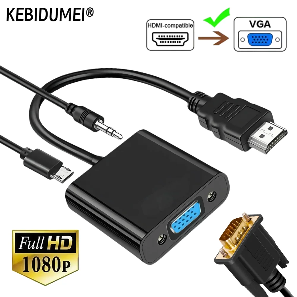 

HD 1080P HDMI-совместимый кабельный преобразователь VGA с адаптером аудио питания 3,5 мм «папа» на VGA «мама» для планшета, ноутбука, ПК, ТВ