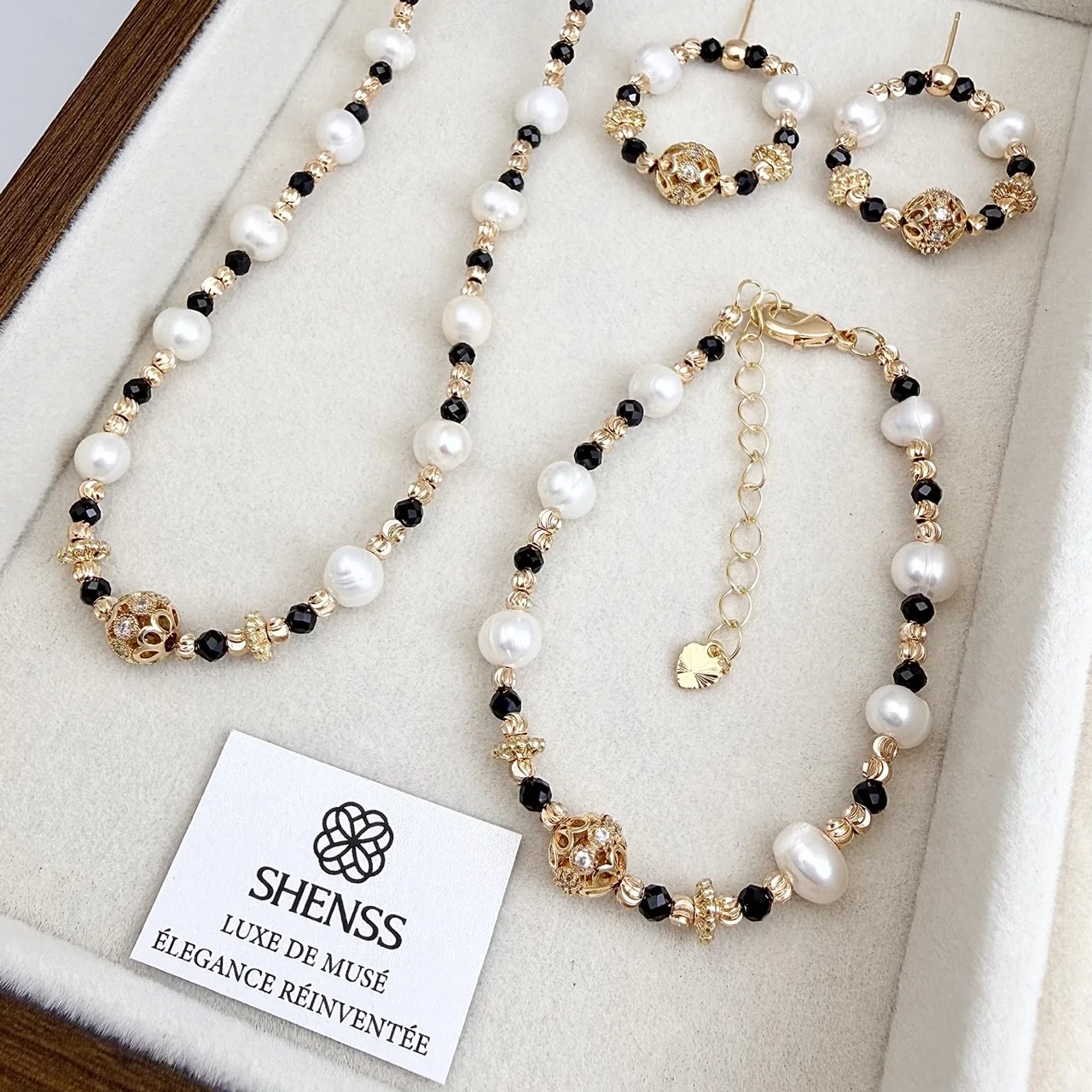 Vintage Court Style Black Spinel & Natural Pearl Necklace Bracelet Earrings Set Light Luxury Minimalist High-End Temperament