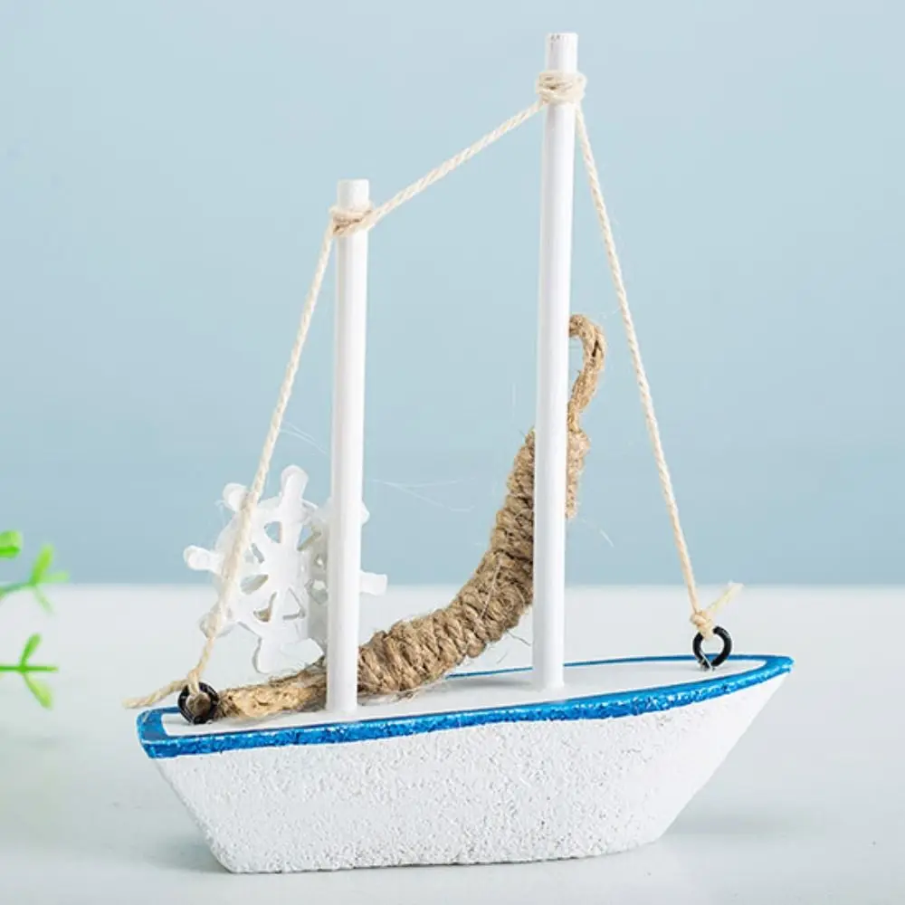 Mediterranean Style Sailing Boat Model Handmade Wooden Wooden Ship Ornament Fishing Net Accent Shells Accent Nautical Decor